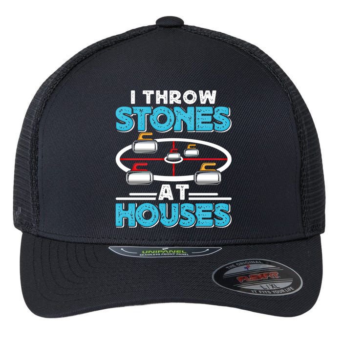 Curling Player I Throw Stones At Houses Curler Curling Gift Flexfit Unipanel Trucker Cap