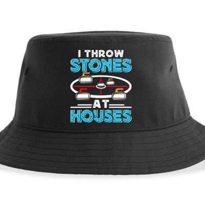 Curling Player I Throw Stones At Houses Curler Curling Gift Sustainable Bucket Hat