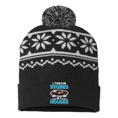 Curling Player I Throw Stones At Houses Curler Curling Gift USA-Made Snowflake Beanie