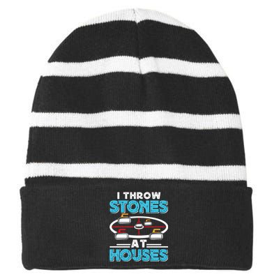 Curling Player I Throw Stones At Houses Curler Curling Gift Striped Beanie with Solid Band