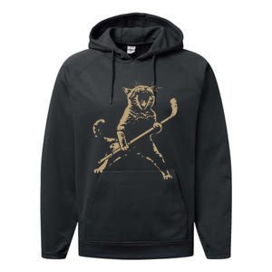 Cat Playing Ice Hockey Performance Fleece Hoodie