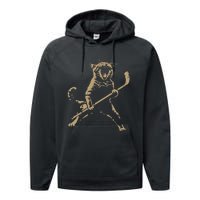 Cat Playing Ice Hockey Performance Fleece Hoodie