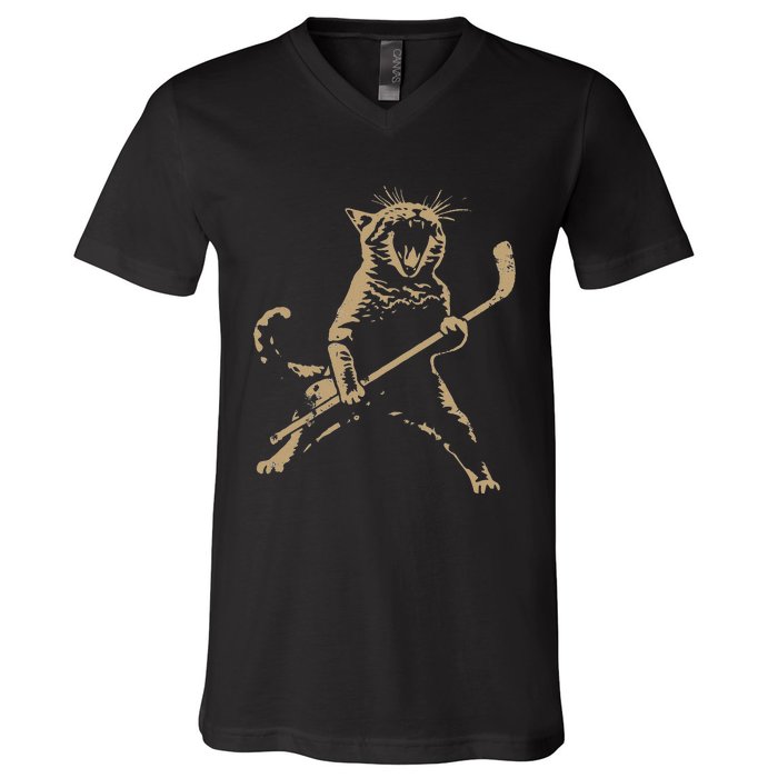 Cat Playing Ice Hockey V-Neck T-Shirt