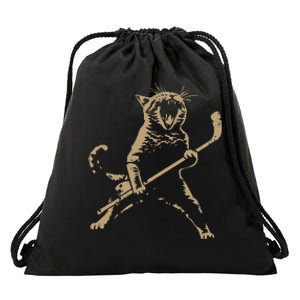 Cat Playing Ice Hockey Drawstring Bag