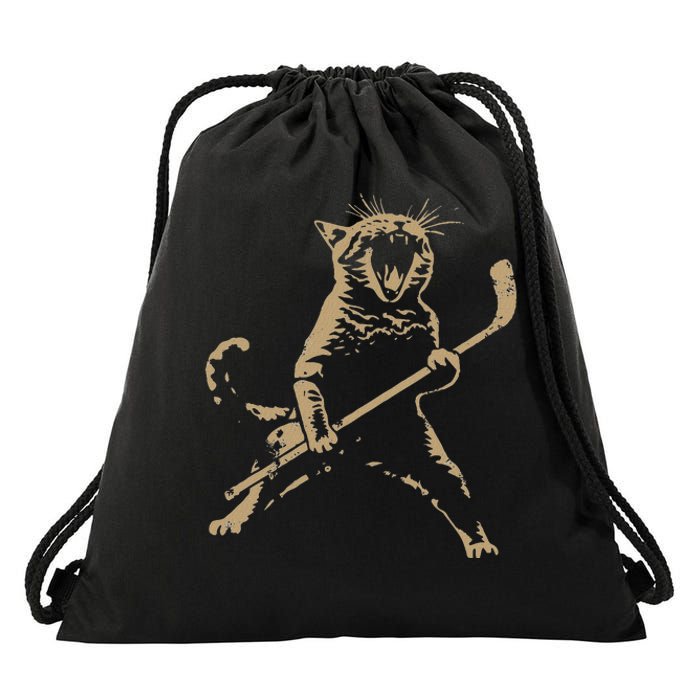 Cat Playing Ice Hockey Drawstring Bag