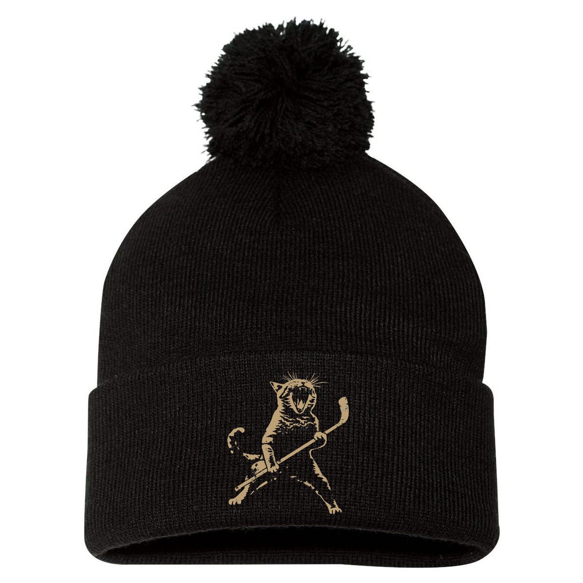 Cat Playing Ice Hockey Pom Pom 12in Knit Beanie