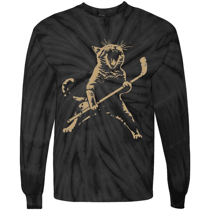 Cat Playing Ice Hockey Tie-Dye Long Sleeve Shirt