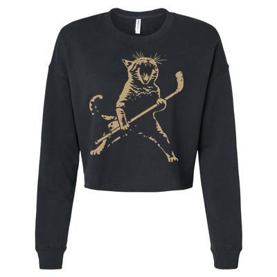 Cat Playing Ice Hockey Cropped Pullover Crew