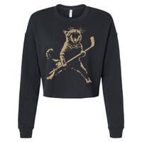 Cat Playing Ice Hockey Cropped Pullover Crew