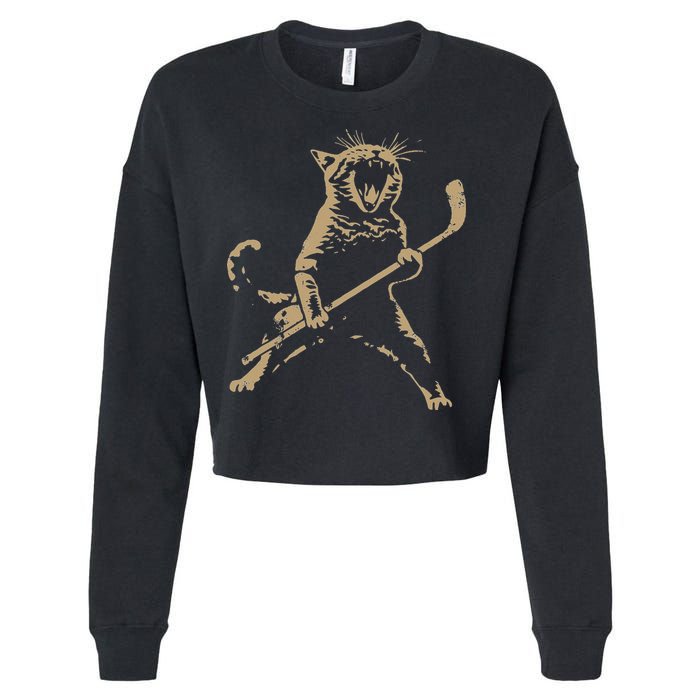 Cat Playing Ice Hockey Cropped Pullover Crew