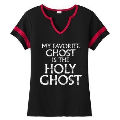 Christian Pun Joke The Only Ghost I Know is the Holy Ghost Ladies Halftime Notch Neck Tee