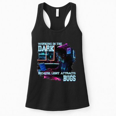 Coder Programmer Joke Nerd Dark White Hacker Bugs Night Women's Racerback Tank
