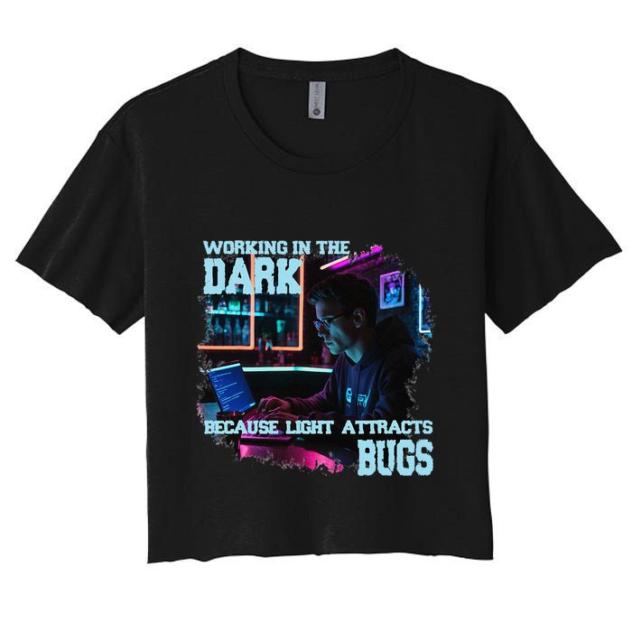 Coder Programmer Joke Nerd Dark White Hacker Bugs Night Women's Crop Top Tee