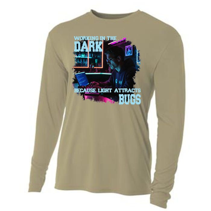 Coder Programmer Joke Nerd Dark White Hacker Bugs Night Cooling Performance Long Sleeve Crew