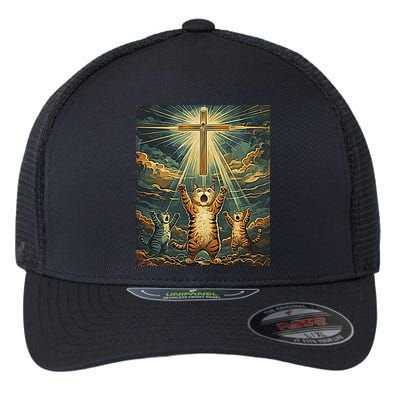 Cat Praying Jesus Cross Scared Cats Worship God Funny Flexfit Unipanel Trucker Cap