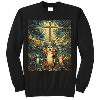 Cat Praying Jesus Cross Scared Cats Worship God Funny Sweatshirt