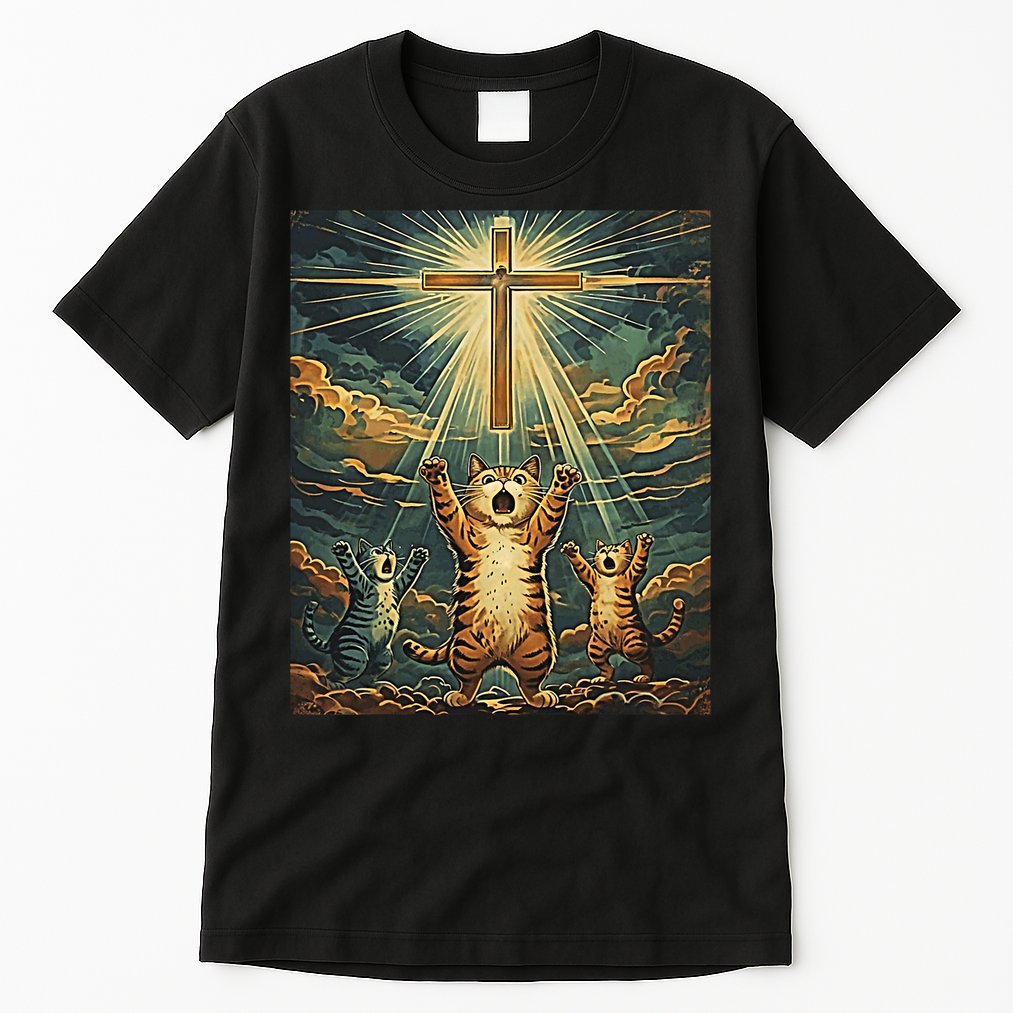 Cat Praying Jesus Cross Scared Cats Worship God Funny Tall T-Shirt