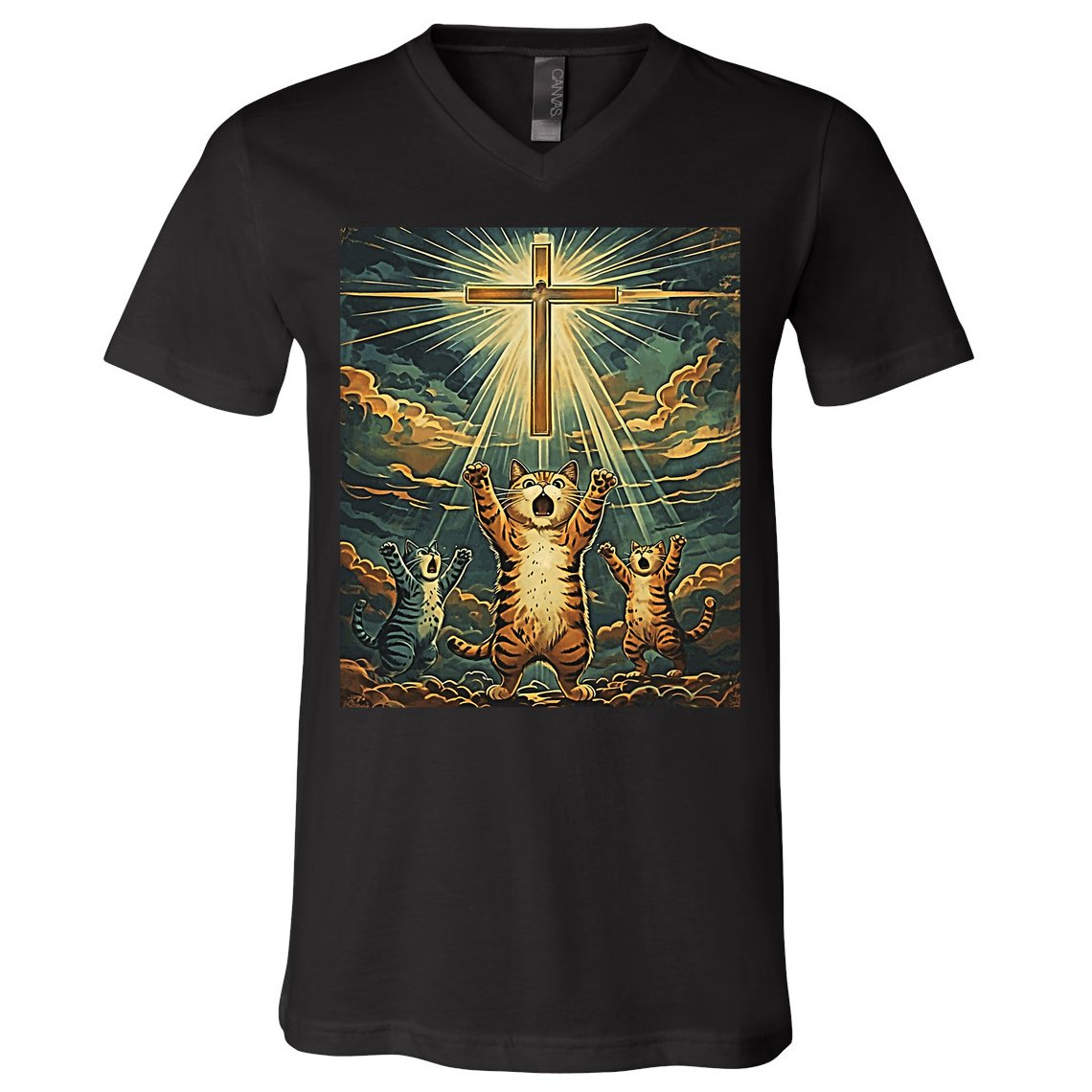 Cat Praying Jesus Cross Scared Cats Worship God Funny V-Neck T-Shirt