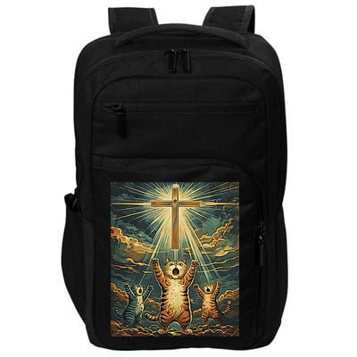 Cat Praying Jesus Cross Scared Cats Worship God Funny Impact Tech Backpack