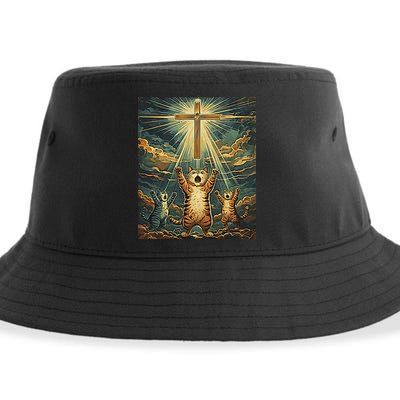 Cat Praying Jesus Cross Scared Cats Worship God Funny Sustainable Bucket Hat
