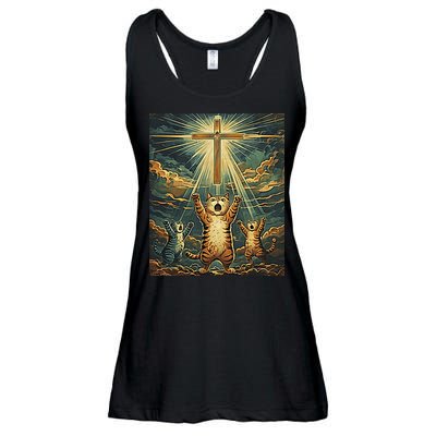 Cat Praying Jesus Cross Scared Cats Worship God Funny Ladies Essential Flowy Tank