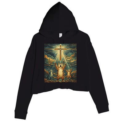 Cat Praying Jesus Cross Scared Cats Worship God Funny Crop Fleece Hoodie