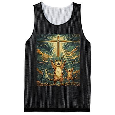 Cat Praying Jesus Cross Scared Cats Worship God Funny Mesh Reversible Basketball Jersey Tank