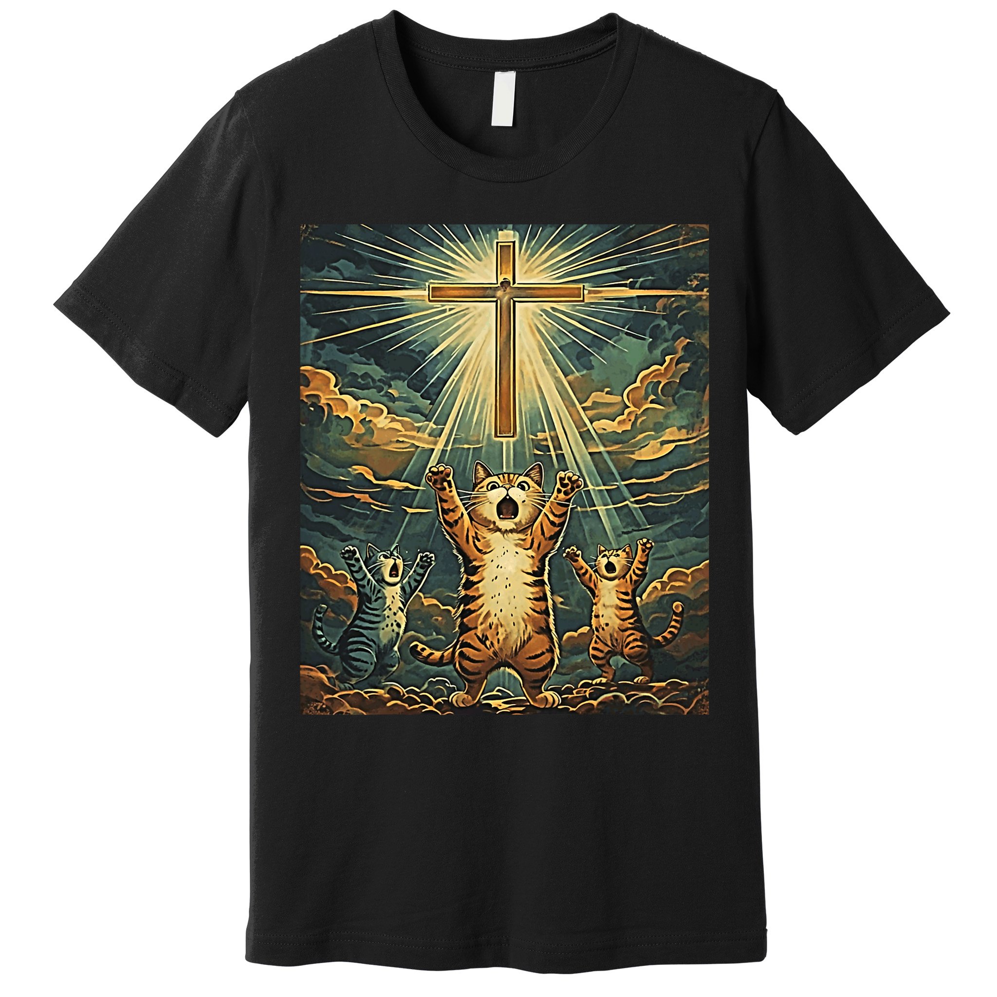 Cat Praying Jesus Cross Scared Cats Worship God Funny Premium T-Shirt