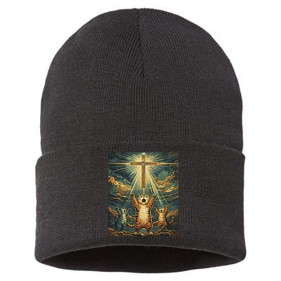 Cat Praying Jesus Cross Scared Cats Worship God Funny Sustainable Knit Beanie