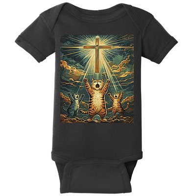 Cat Praying Jesus Cross Scared Cats Worship God Funny Baby Bodysuit