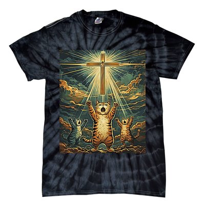 Cat Praying Jesus Cross Scared Cats Worship God Funny Tie-Dye T-Shirt