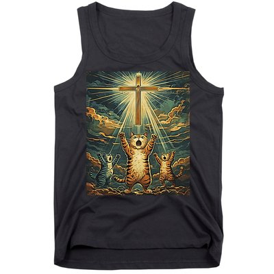 Cat Praying Jesus Cross Scared Cats Worship God Funny Tank Top
