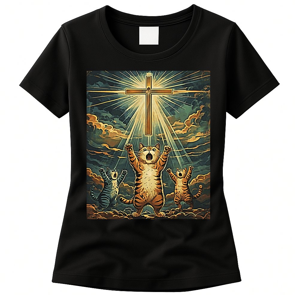 Cat Praying Jesus Cross Scared Cats Worship God Funny Womens T-Shirt