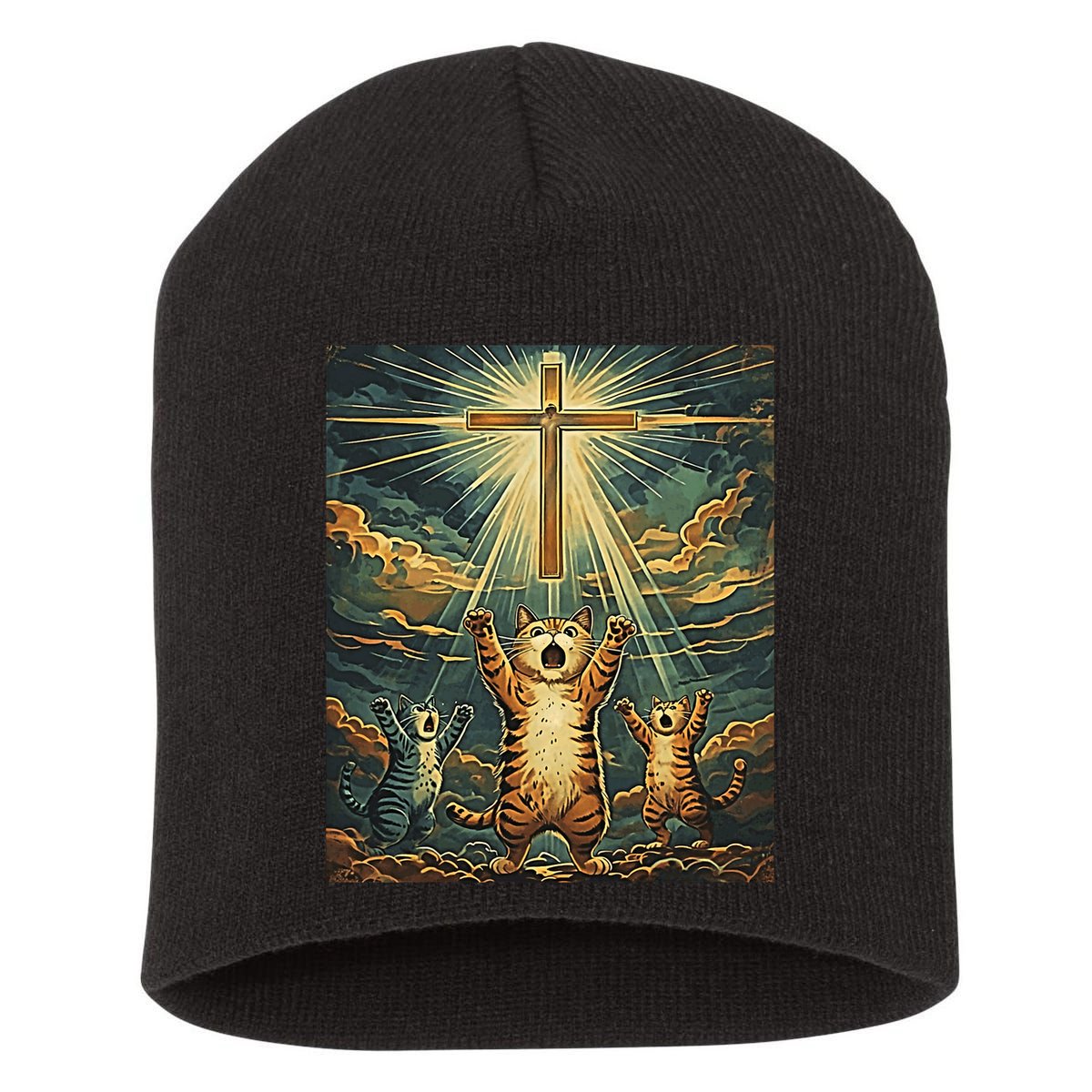 Cat Praying Jesus Cross Scared Cats Worship God Funny Short Acrylic Beanie