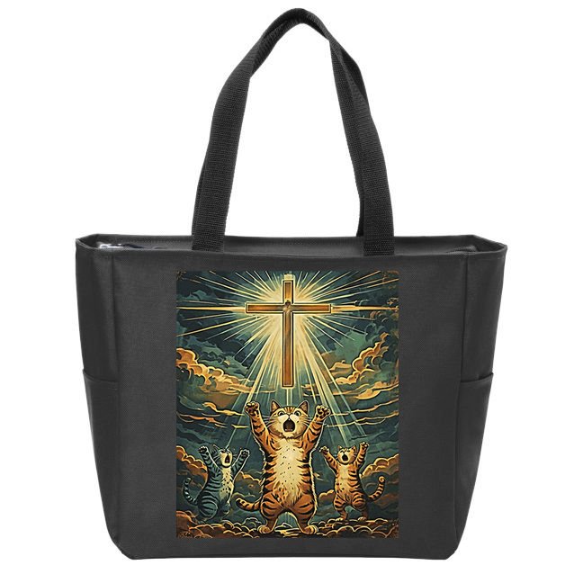 Cat Praying Jesus Cross Scared Cats Worship God Funny Zip Tote Bag
