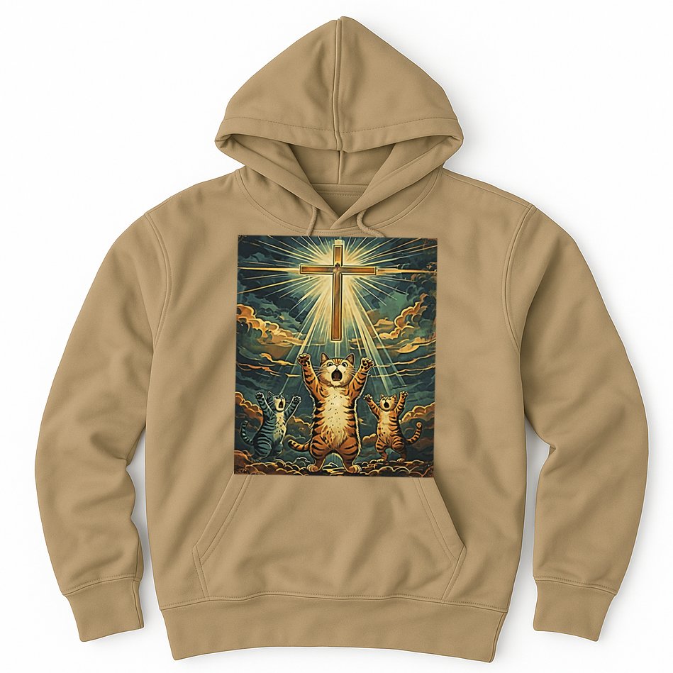 Cat Praying Jesus Cross Scared Cats Worship God Funny Hoodie
