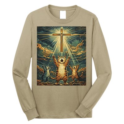 Cat Praying Jesus Cross Scared Cats Worship God Funny Long Sleeve Shirt