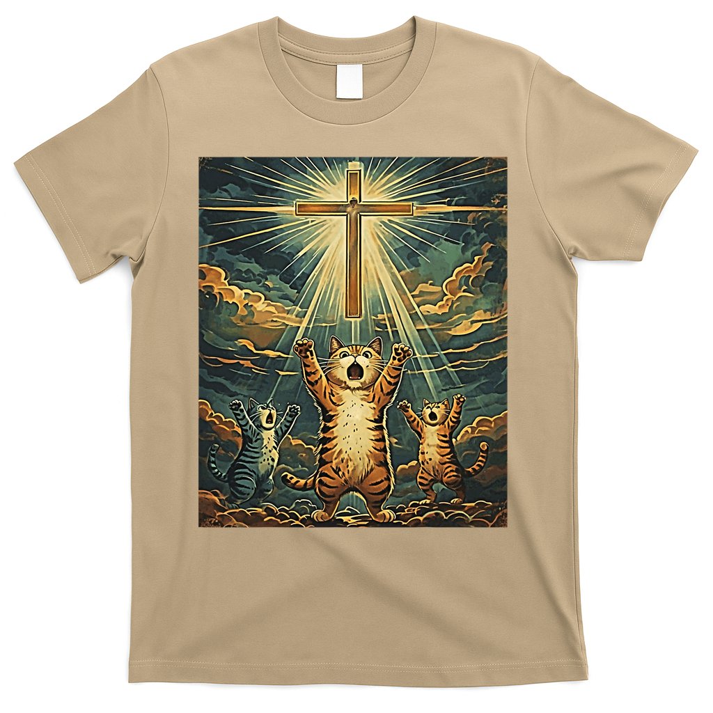 Cat Praying Jesus Cross Scared Cats Worship God Funny T-Shirt