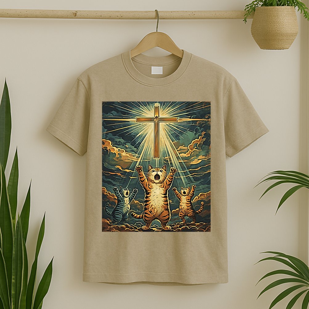 Cat Praying Jesus Cross Scared Cats Worship God Funny T-Shirt