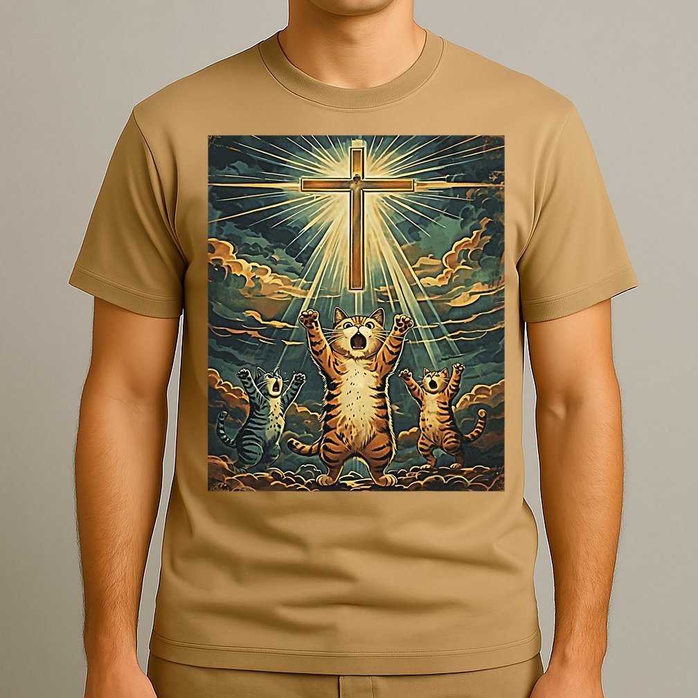 Cat Praying Jesus Cross Scared Cats Worship God Funny T-Shirt