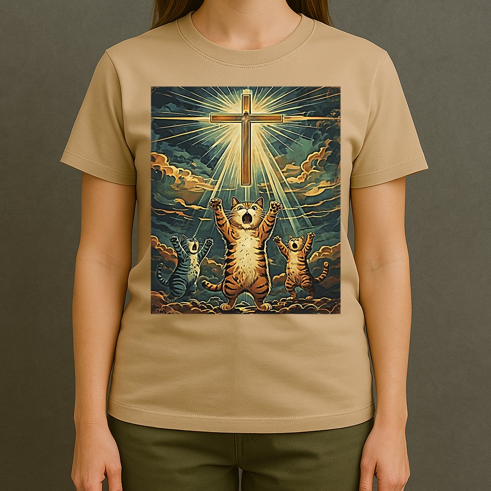 Cat Praying Jesus Cross Scared Cats Worship God Funny T-Shirt