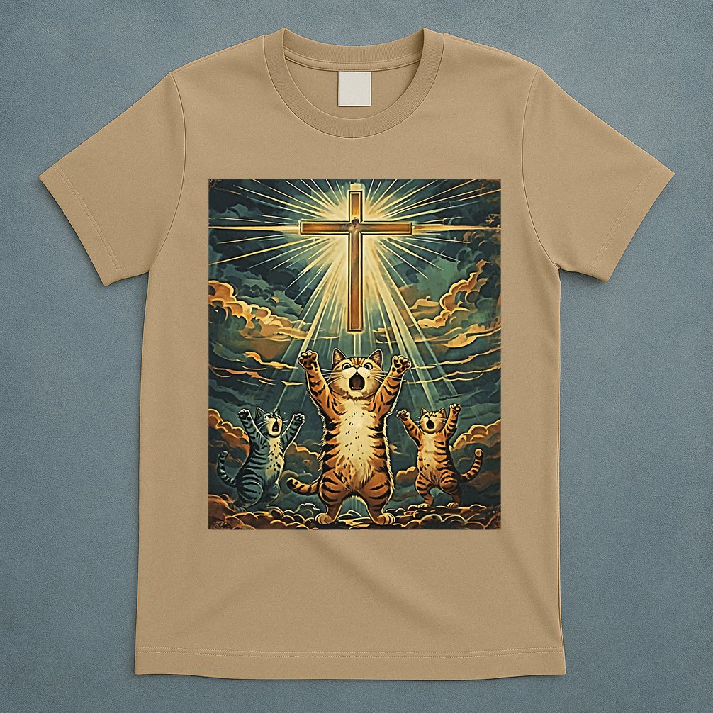 Cat Praying Jesus Cross Scared Cats Worship God Funny T-Shirt