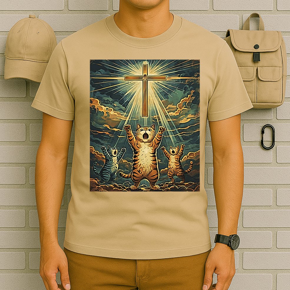 Cat Praying Jesus Cross Scared Cats Worship God Funny T-Shirt