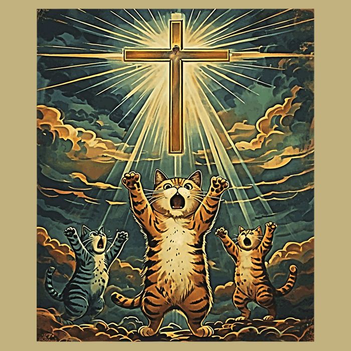 Cat Praying Jesus Cross Scared Cats Worship God Funny T-Shirt