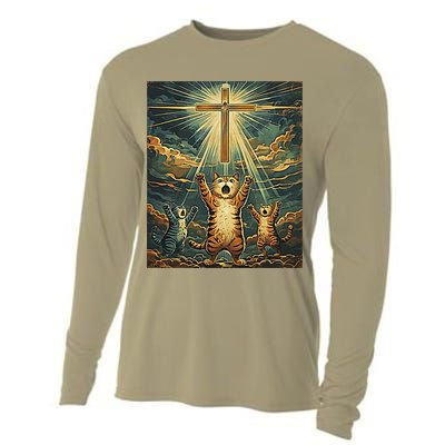 Cat Praying Jesus Cross Scared Cats Worship God Funny Cooling Performance Long Sleeve Crew