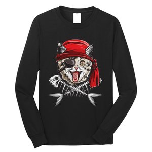 Cat Pirate Jolly Roger Flag Skull And Crossbones Long Sleeve Shirt