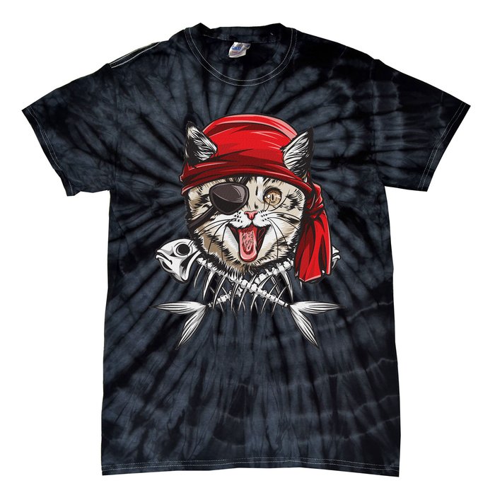 Cat Pirate Jolly Roger Flag Skull And Crossbones Tie-Dye T-Shirt