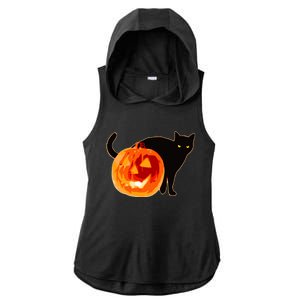 Creepy Pumpkin Jack O Lantern Black Cat Halloween Ladies PosiCharge Tri-Blend Wicking Draft Hoodie Tank