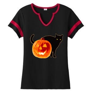 Creepy Pumpkin Jack O Lantern Black Cat Halloween Ladies Halftime Notch Neck Tee