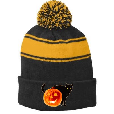 Creepy Pumpkin Jack O Lantern Black Cat Halloween Stripe Pom Pom Beanie